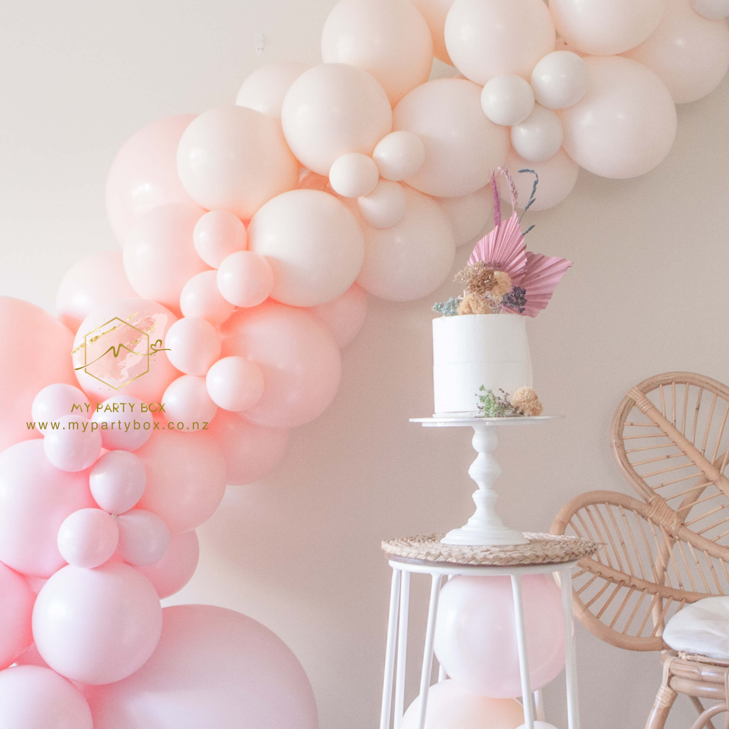 My Party Box Luxe Cherry Blossom Balloon Garland DIY Kit with rose chalk, orange chalk, blush chalk and white latex