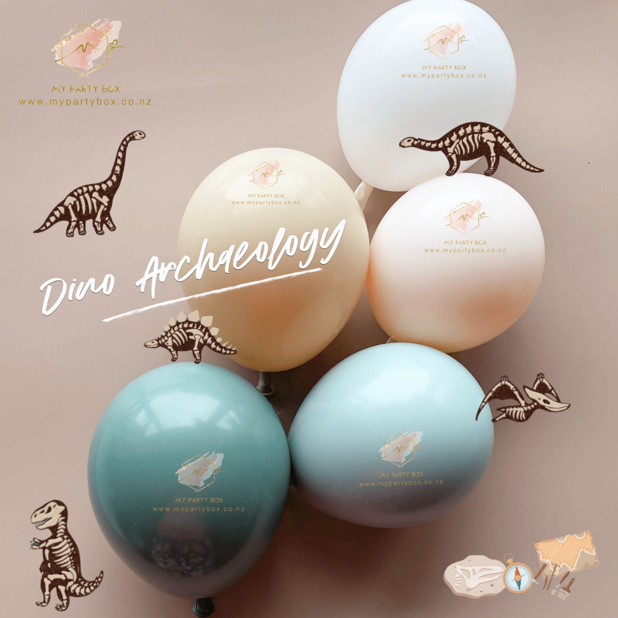 My Party box Luxe Dino Archaeology Balloon Garland DIY Kit with willow, mintgreen, white sand, blush chalk and white latex balloon