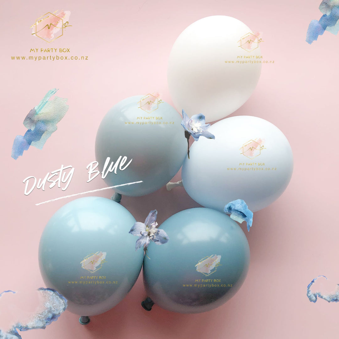 My Party Box Luxe Dusty Blue Balloon Garland DIY Kit with solid blue slate, solid seaglass, solid fog, blue chalk, and white latex balloon Luxe Dusty Blue Balloon Garland DIY Kit