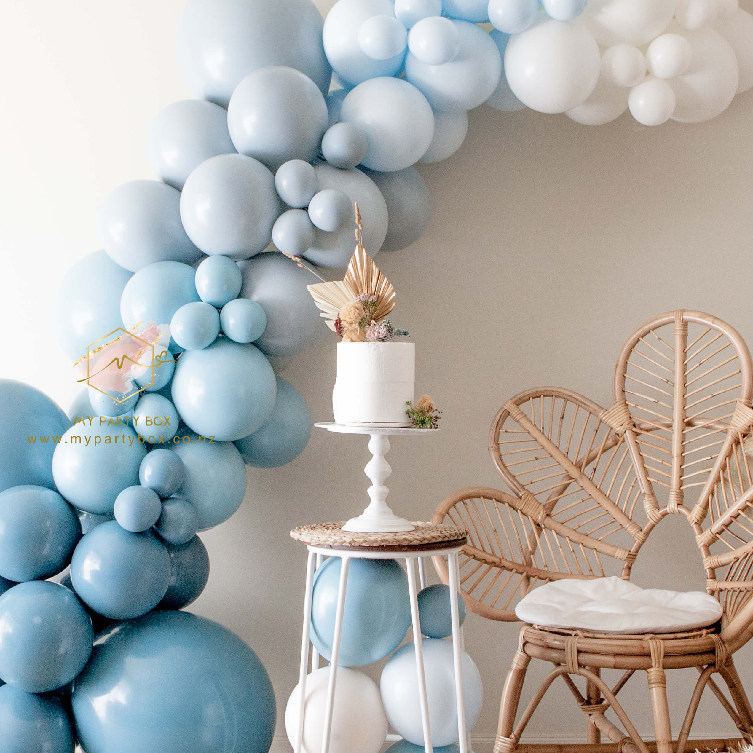 My Party Box Luxe Dusty Blue Balloon Garland DIY Kit with solid blue slate, solid seaglass, solid fog, blue chalk, and white latex balloon 