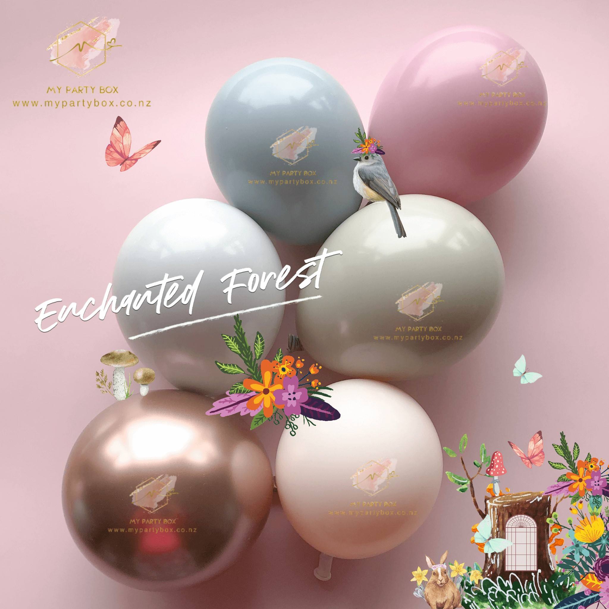 My Party Box Luxe Enchanted Forest Balloon Garland DIY Kit with Canyon Rose, Stone, Fog and Blush Chalk latex balloon