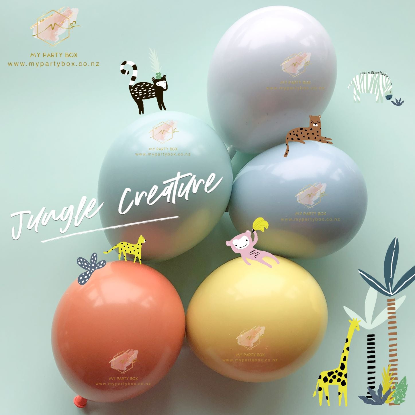 My Party Box Luxe Jungle Creature Balloon Garland DIY Kit with solid burnt orange, bright mustard, mint green, solid fog and grey chalk latex balloon
