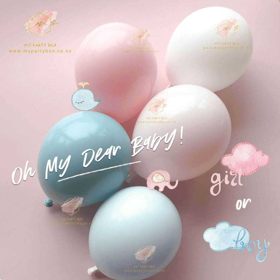 My Party Box Luxe Oh My Dear Baby Balloon Garland DIY Kit with Sold seaglass, Blue chalk, Raspberry chalk, Rose chalk and solid white latex balloons