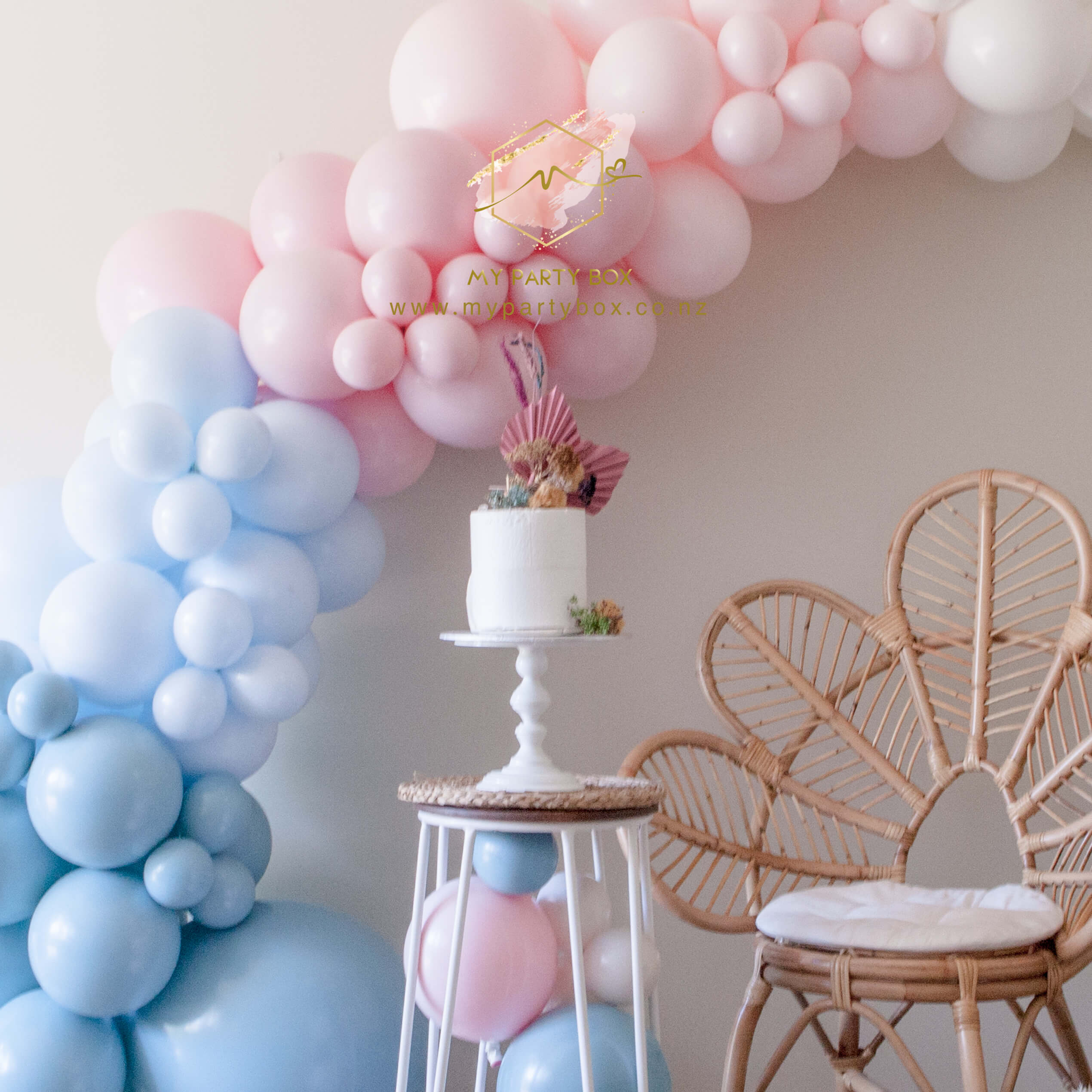 My Party Box Luxe Oh My Dear Baby Balloon Garland DIY Kit with Sold seaglass, Blue chalk, Raspberry chalk, Rose chalk and solid white latex balloons