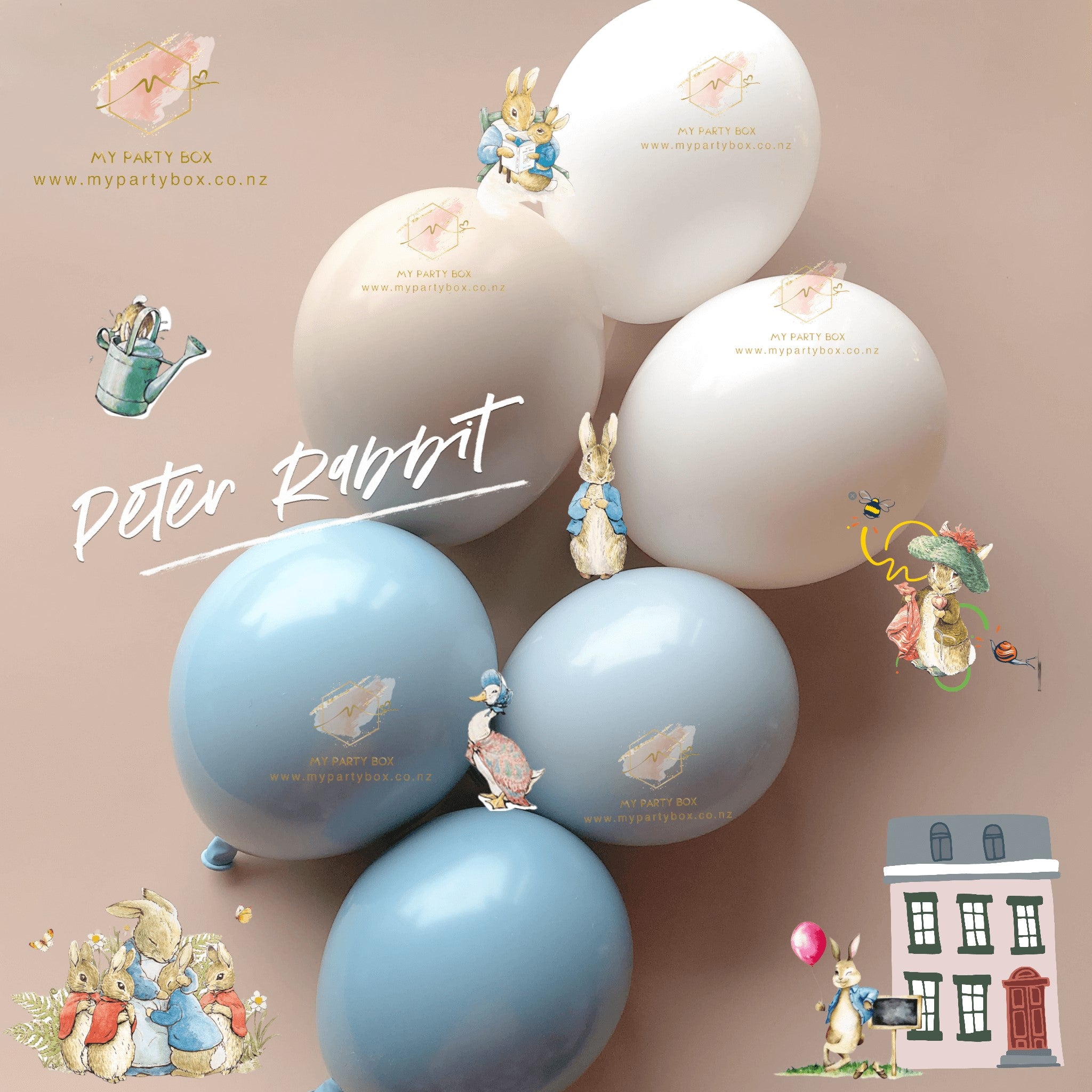 My Party Box Luxe Peter Rabbit Balloon Garland DIY Kit with solid blue slate, solid seaglass, solid fog, teddy sand, mustard chalk, whitesand chalk latex balloons