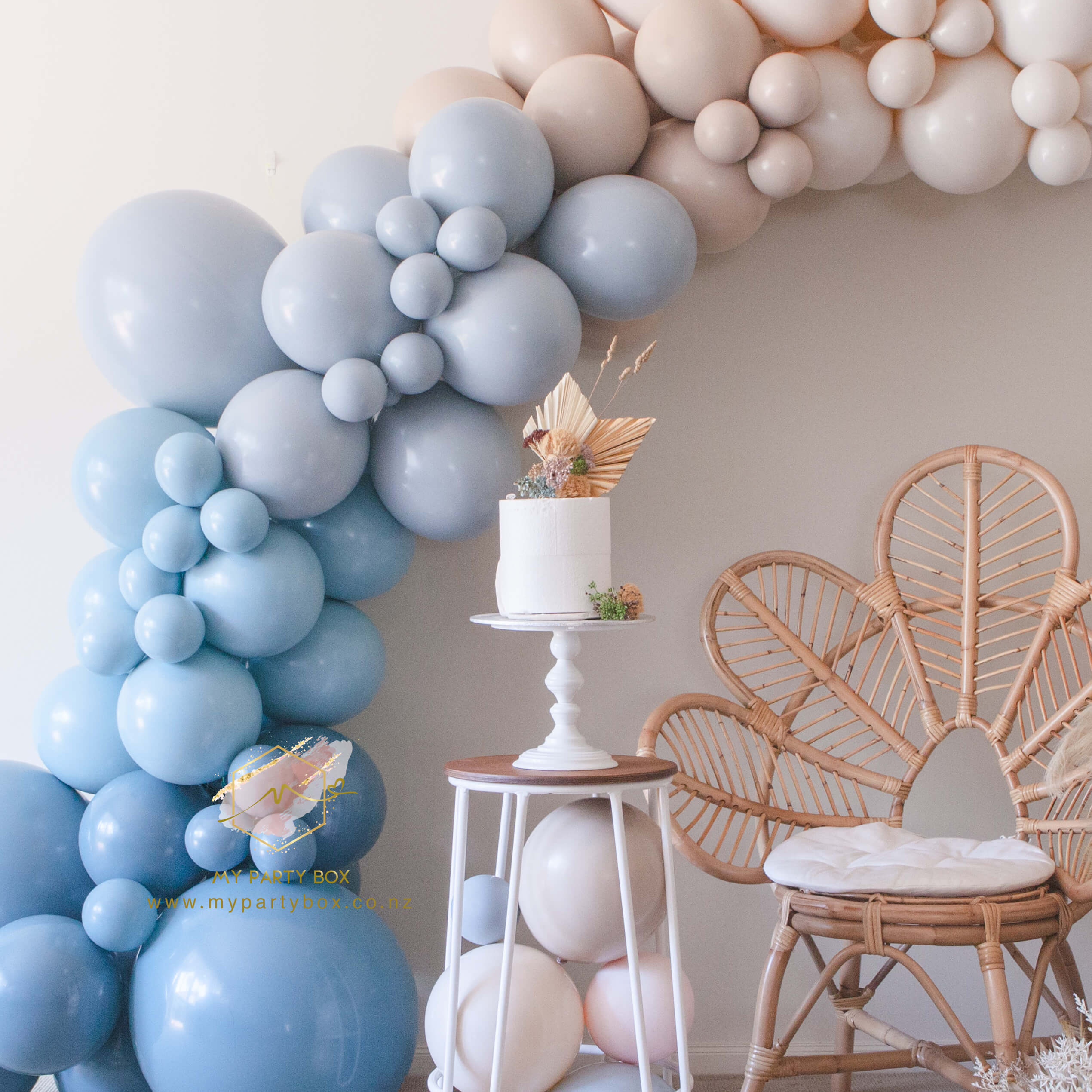 My Party Box Luxe Peter Rabbit Balloon Garland DIY Kit with solid blue slate, solid seaglass, solid fog, teddy sand, mustard chalk, whitesand chalk latex balloons
