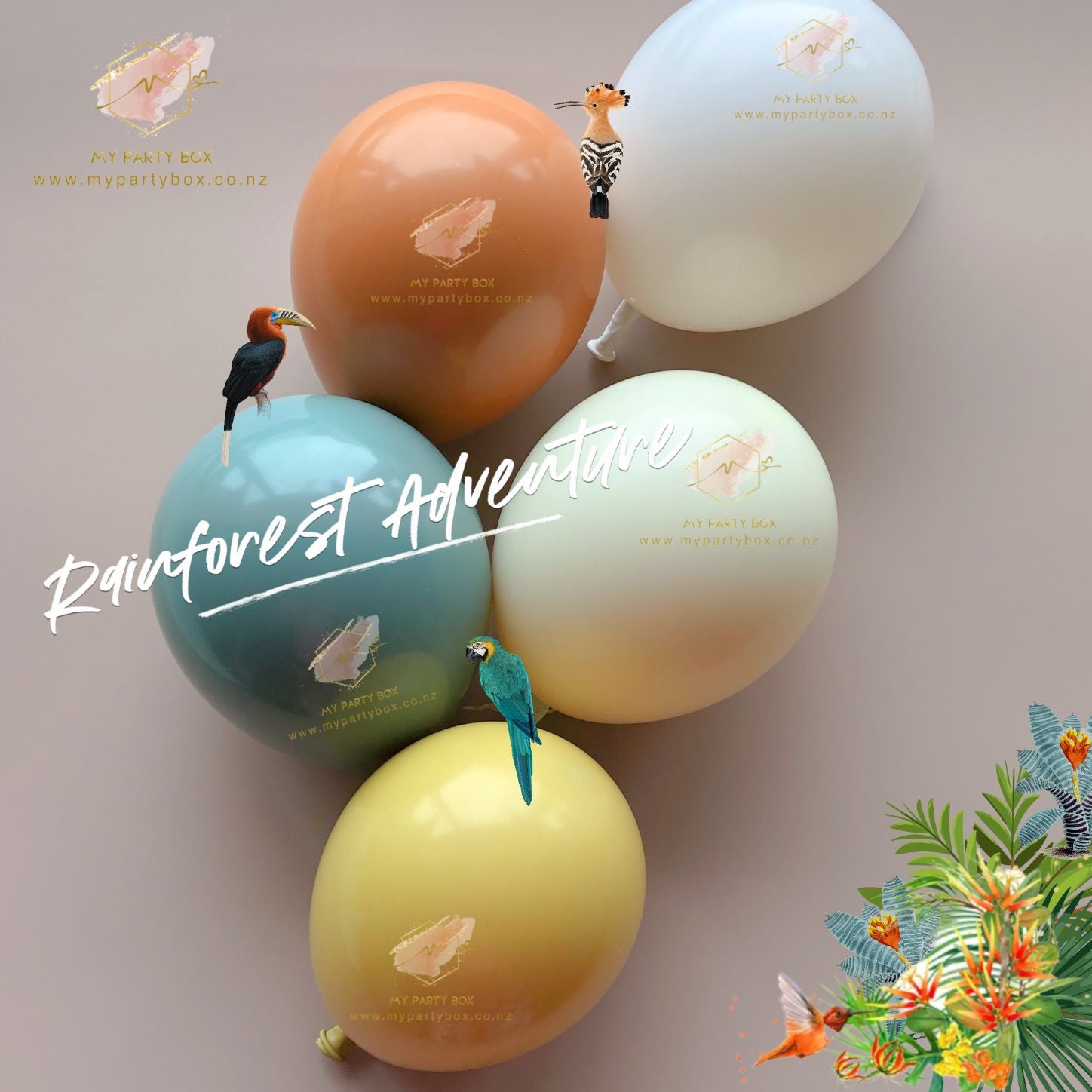 My Party Box Luxe Rainforest Adventure Balloon Garland DIY Kit with Bright Orange, Bright Mustard, Solid Willow, yellow, and White sand latex balloon