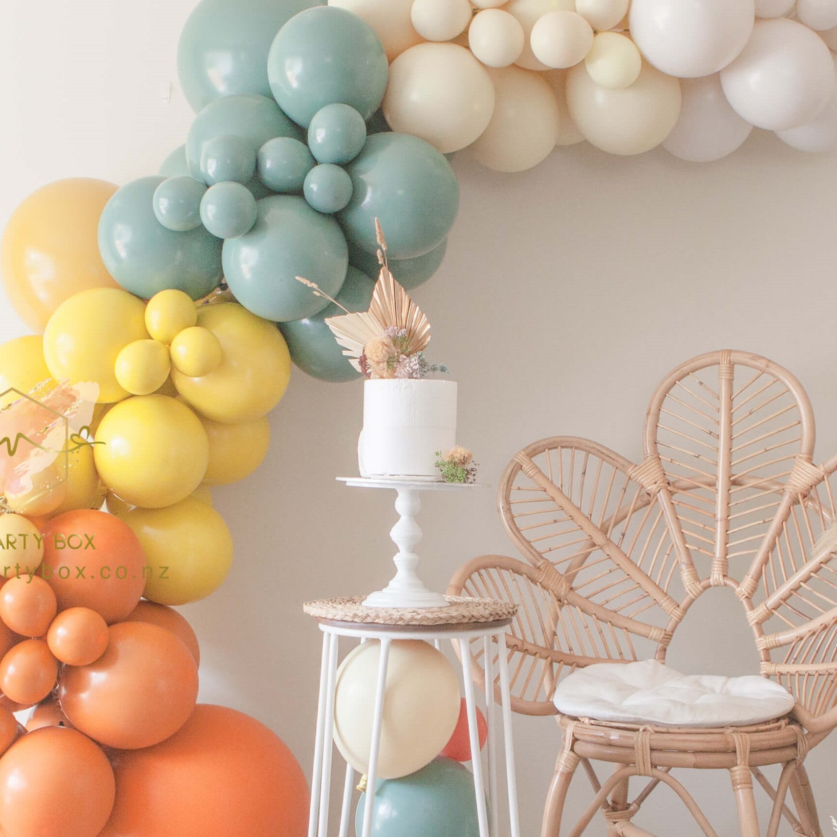 My Party Box Luxe Rainforest Adventure Balloon Garland DIY Kit with Bright Orange, Bright Mustard, Solid Willow, yellow, and White sand latex balloon