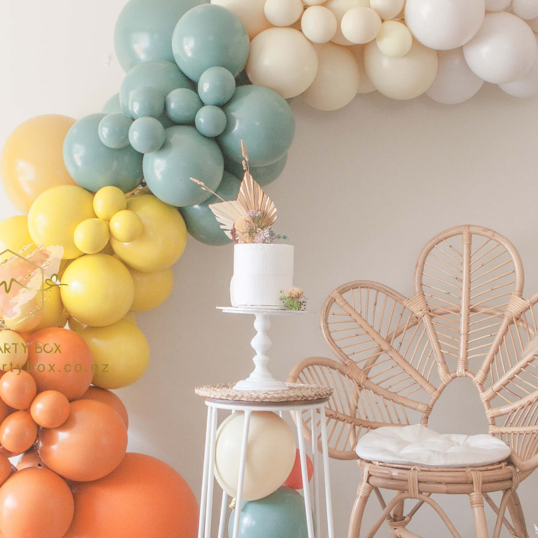 My Party Box Luxe Rainforest Adventure Balloon Garland DIY Kit with Bright Orange, Bright Mustard, Solid Willow, yellow, and White sand latex balloon