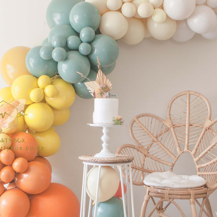 My Party Box Luxe Rainforest Adventure Balloon Garland DIY Kit with Bright Orange, Bright Mustard, Solid Willow, yellow, and White sand latex balloon