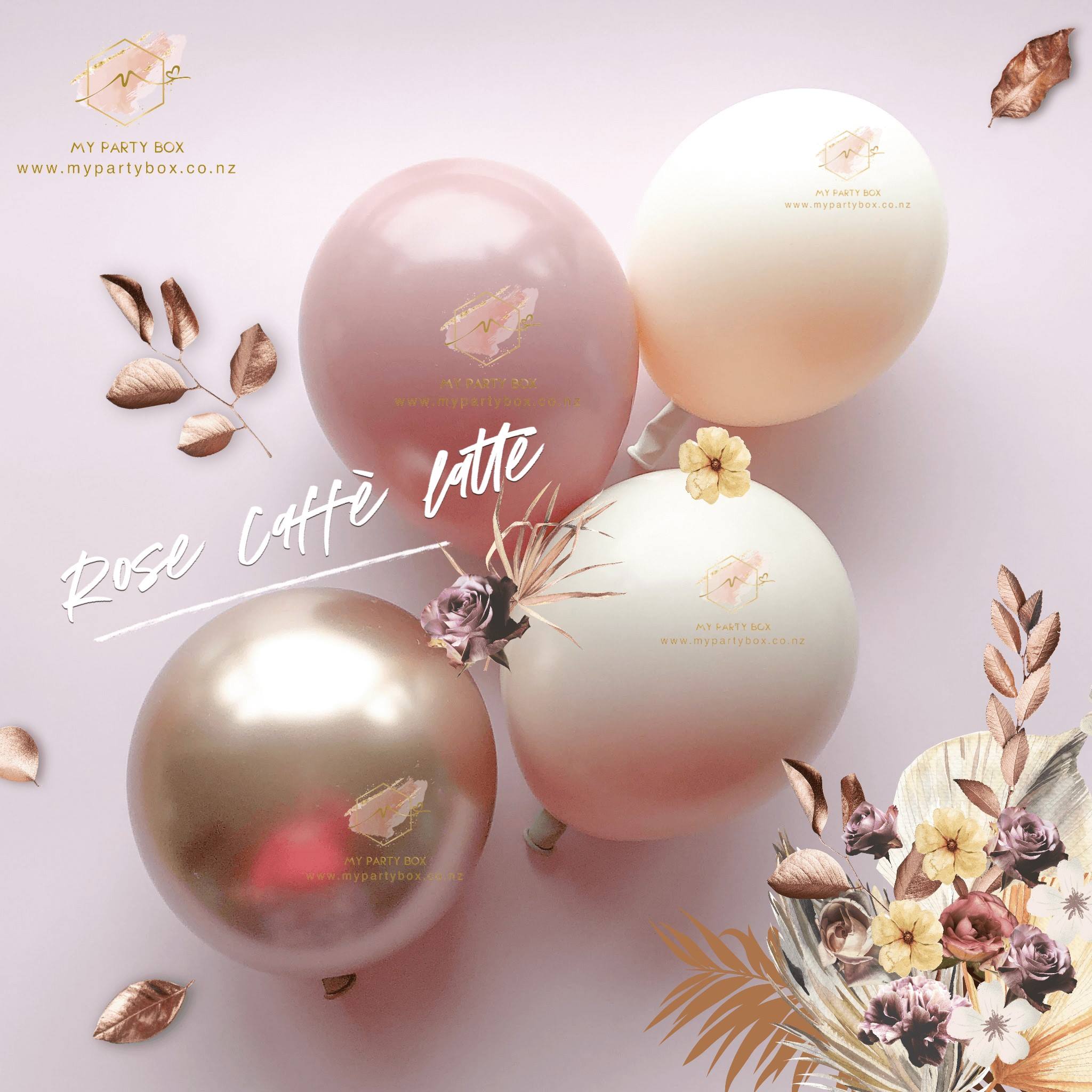 My Party Box Luxe Rose Caffé Latte Balloon Garland DIY Kit with Rosewood, Whitesand, Chrome Rose Gold and Blush chalk latex