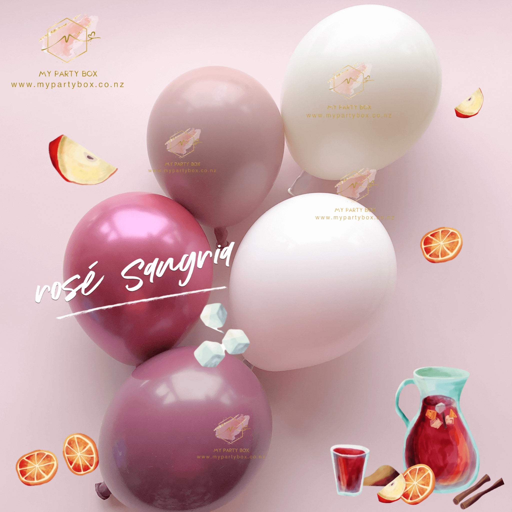 My Party Box Luxe Rose Sangria Balloon Garland DIT Kit with Sangrial, rosewood, Pink Chalk, Yellow chalk latex balloons