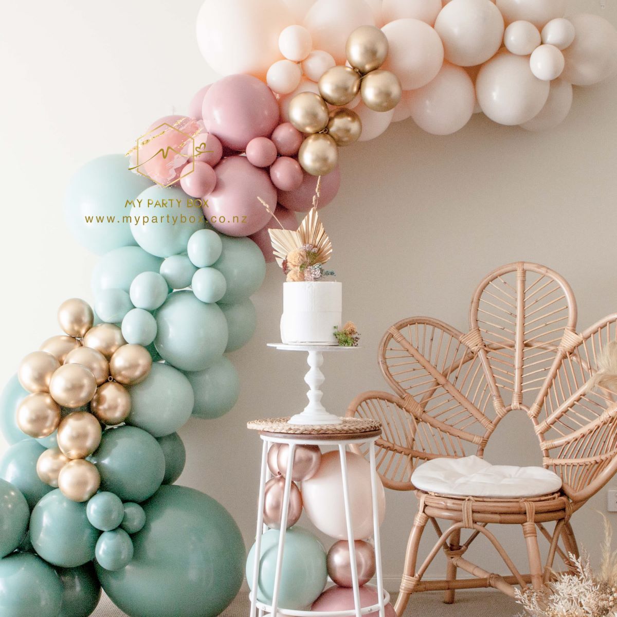 My Party Box Luxe Secret Garden Balloon Garland DIY Kit with Willow, mint green, rosewood, blush chalk, sand chalk and chrome gold latex balloons