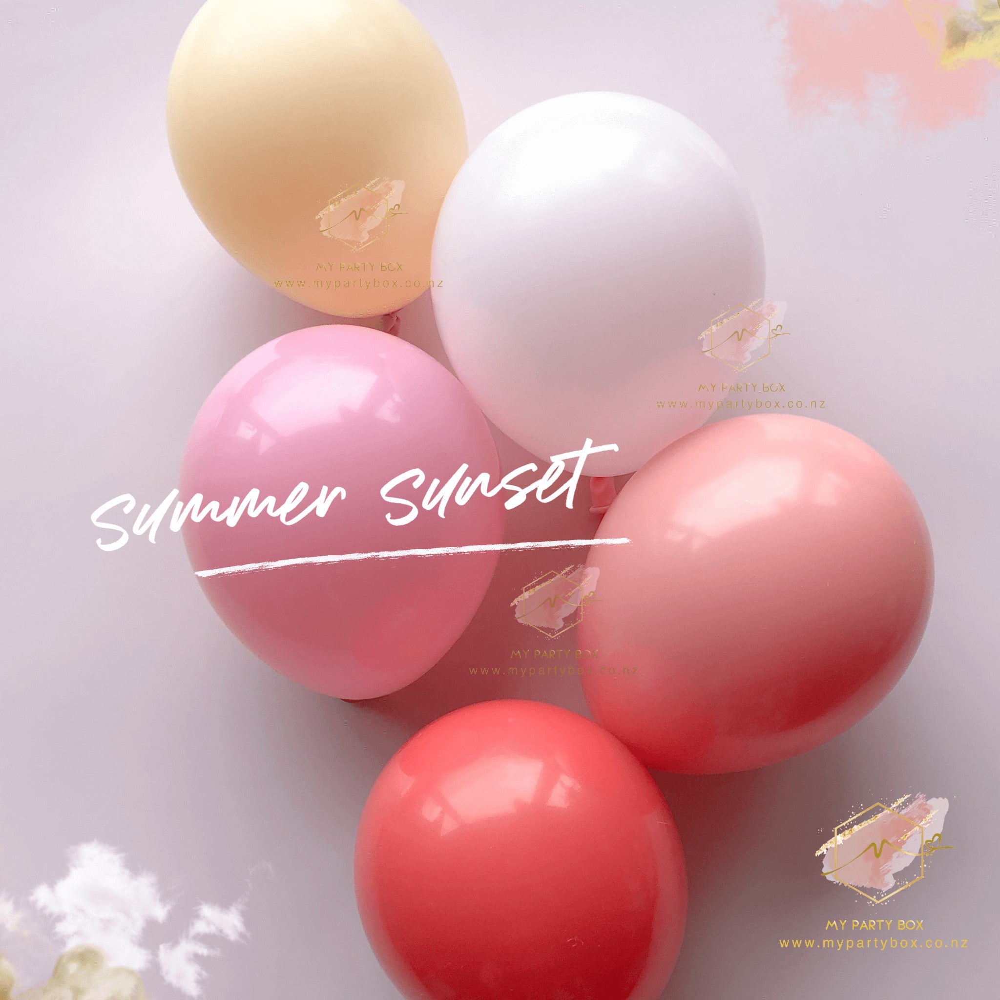 My Party Box Luxe Summer Sunset Balloon Garland DIY Kit with solid red, coral, rose, pink and blush latex balloons
