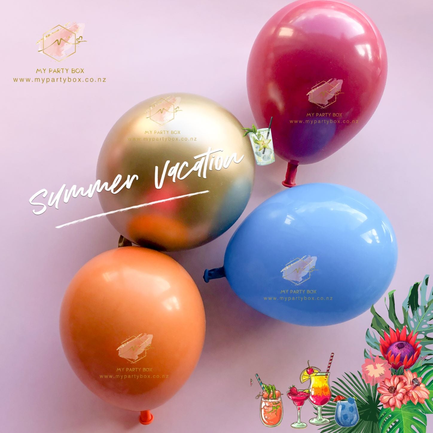 My Party Box Luxe Summer Vacation Balloon Garland DIY Kit with Bright Orange,  Chrome gold, Raspberry & robin's egg latex balloon