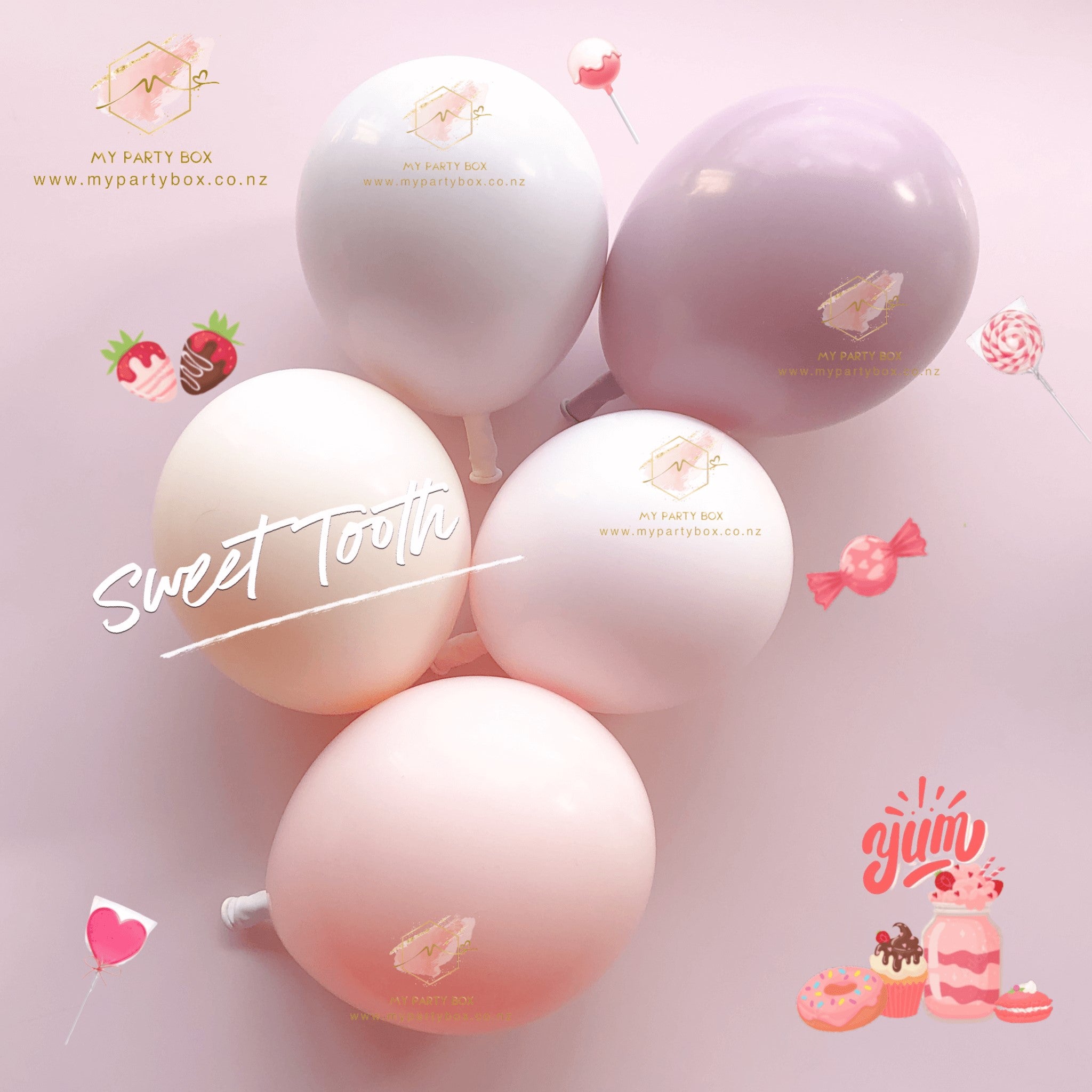 My Party Box Luxe Sweet Tooth Balloon Garland DIY Kit with orange chalk, blush chalk, pink chalk, sand chalk, rosewood latex balloons