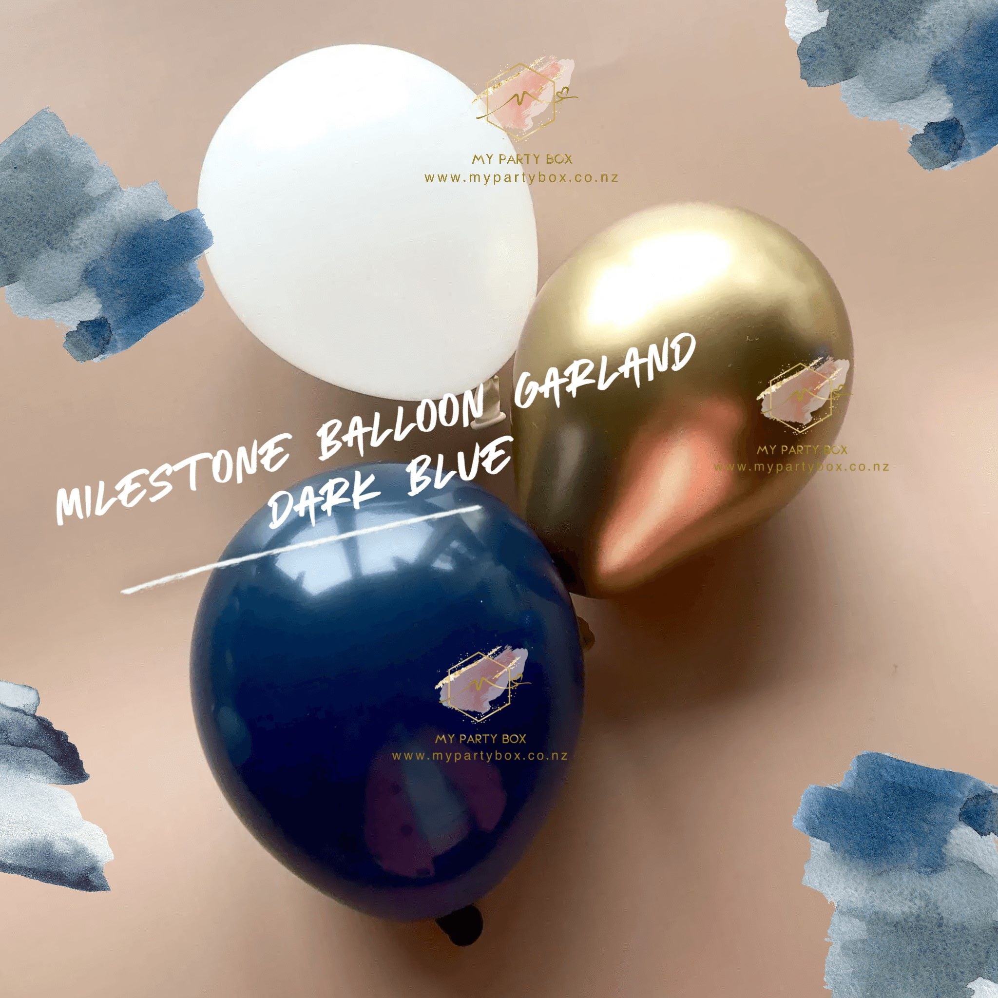 My Party Box Milestone Birthday Balloon Garland DIY Kit - Dark Blue with Navy, Reflex Gold & White Latex Balloons