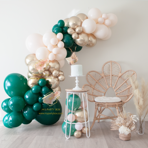 My Party Box Milestone Birthday Balloon Garland DIY Kit - Green & Blush with Dark Green, Reflex Gold, and Blush Chalk Latex Balloons
