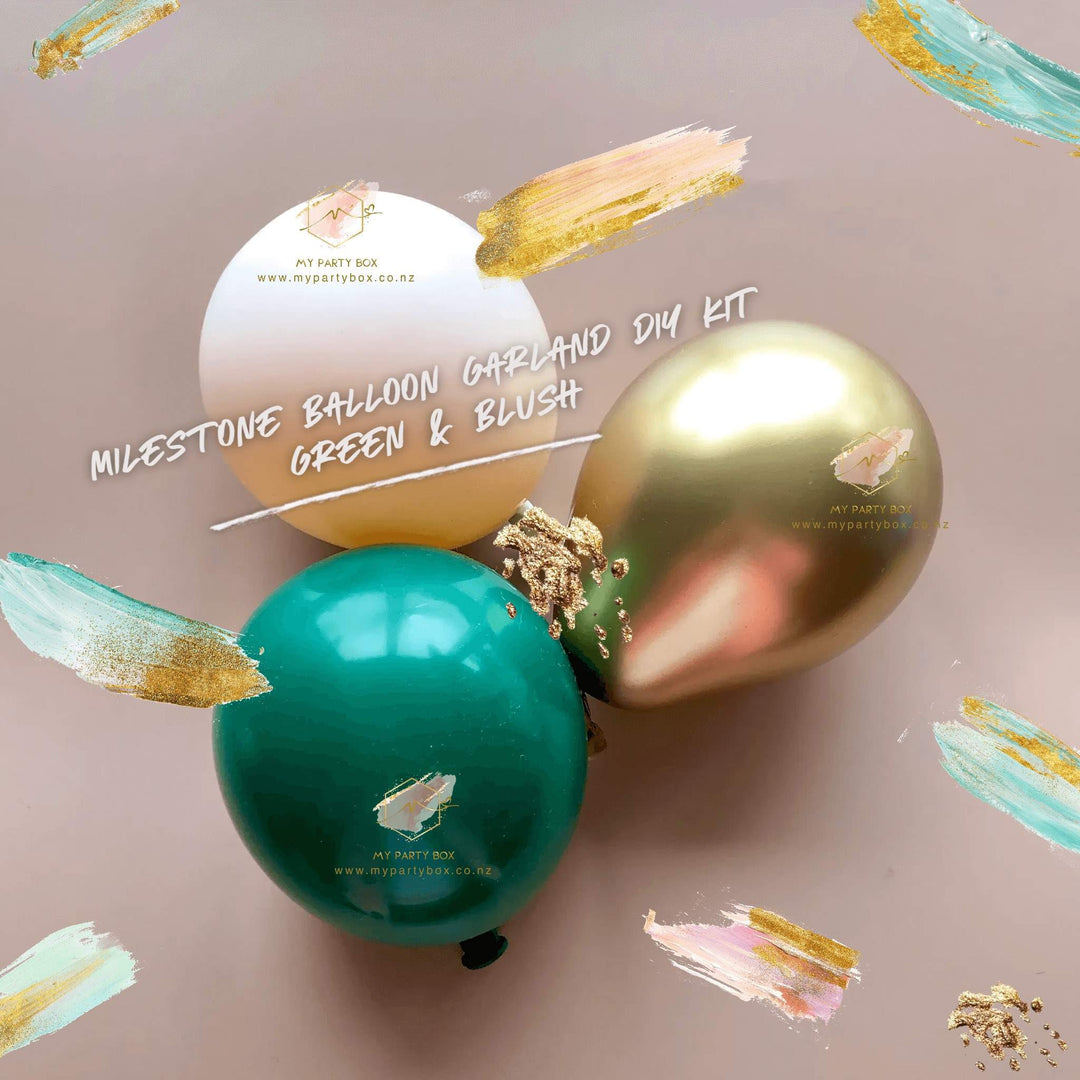 My Party Box Milestone Birthday Balloon Garland DIY Kit - Green & Blush with Dark Green, Reflex Gold, and Blush Chalk Latex Balloons