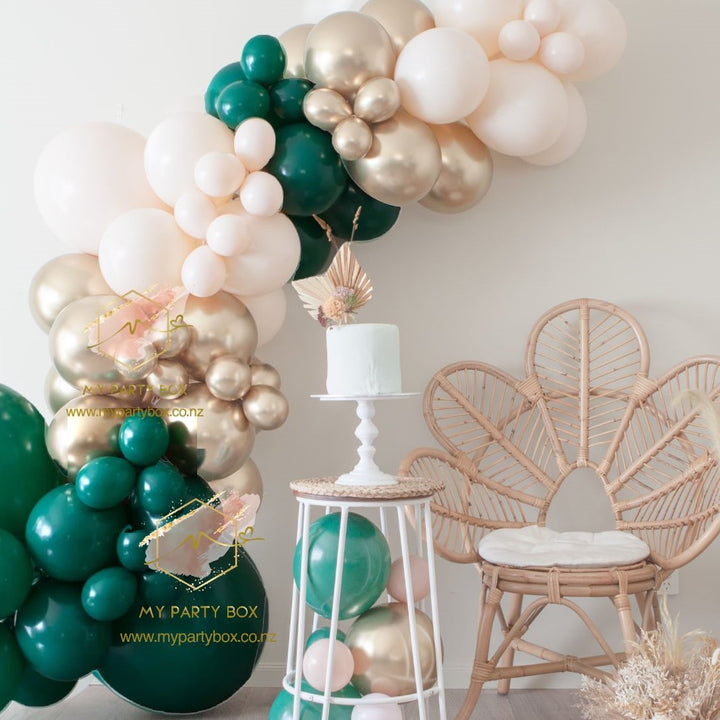My Party Box Milestone Birthday Balloon Garland DIY Kit - Green & Blush with Dark Green, Reflex Gold, and Blush Chalk Latex Balloons