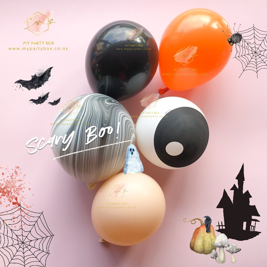 My Party Box Scary Boo! Balloon Garland DIY Kit with Bright Orange, Black, and blush latex balloons