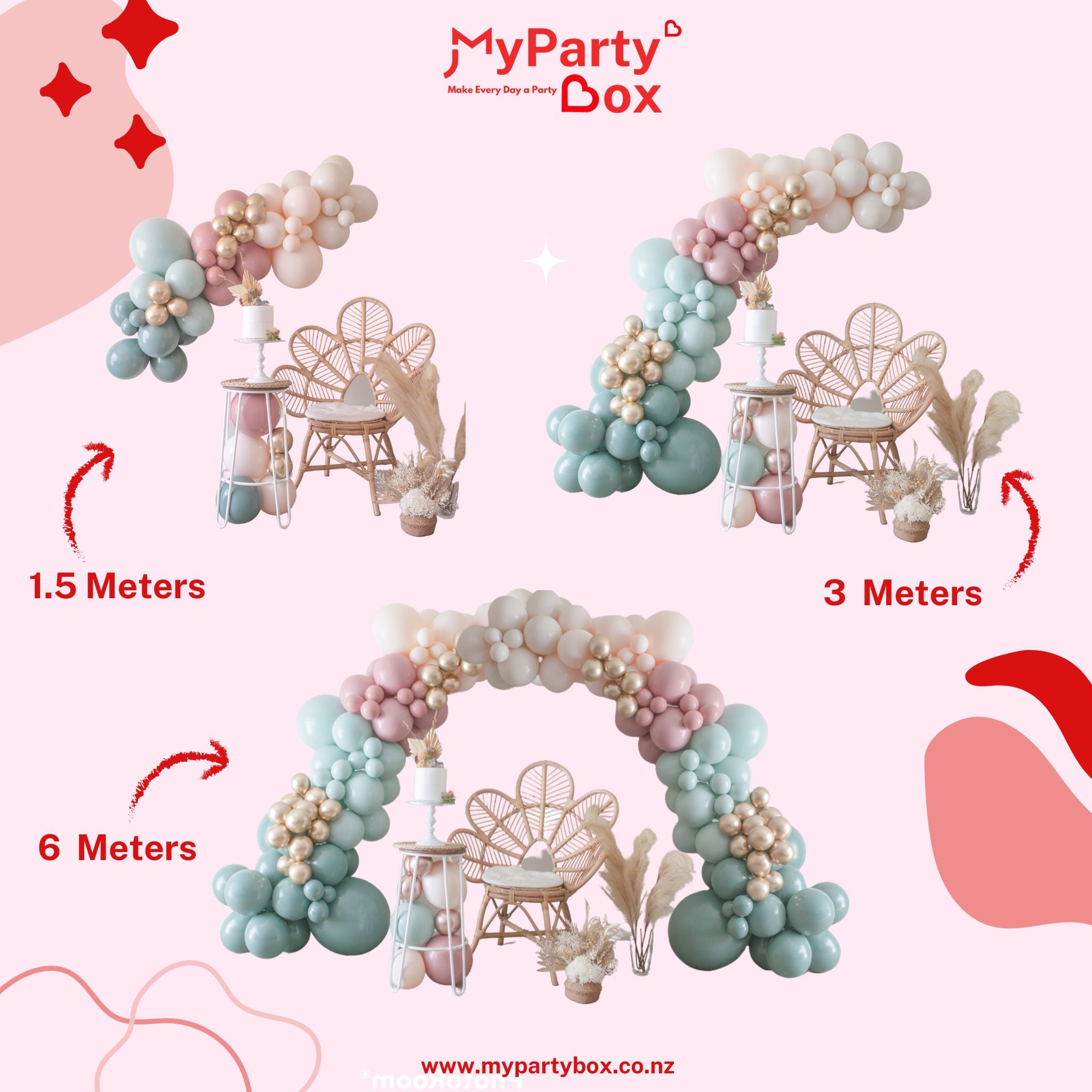 My Party Box Balloon Garland DIY Kit Package includes glue dot, balloon stripe tape, balloon pump and assorted size latex balloons