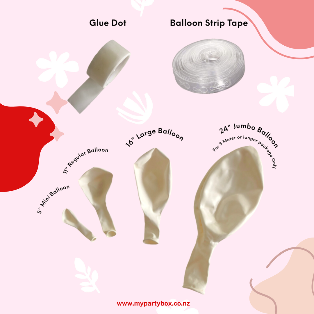 My Party Box Balloon Garland DIY Kit Package includes glue dot, balloon stripe tape and assorted size latex balloons