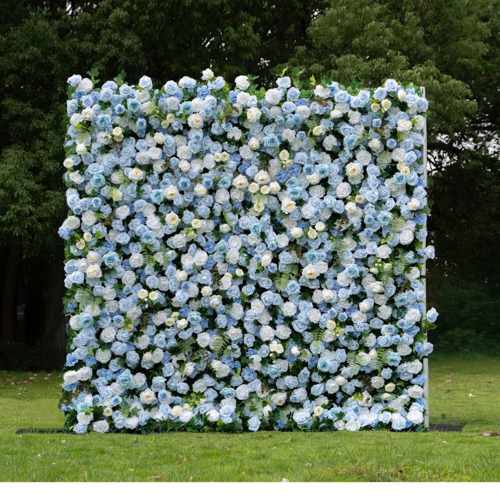 Floral wall with blue and white flowers in a natural setting