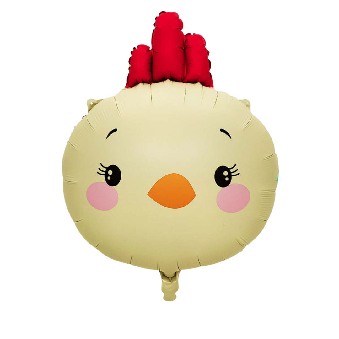 A round foil balloon shaped like a cartoon chick face, with a pale cream body, red comb on top, pink cheeks, black eyes, and an orange beak, shown on a plain white background.