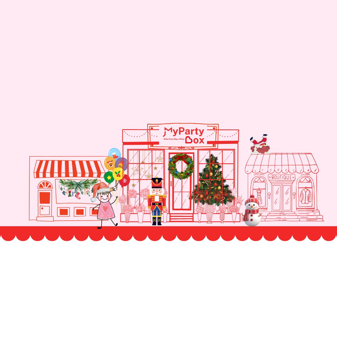 Illustration of a festive store front with 'My Party Box' on a pink background