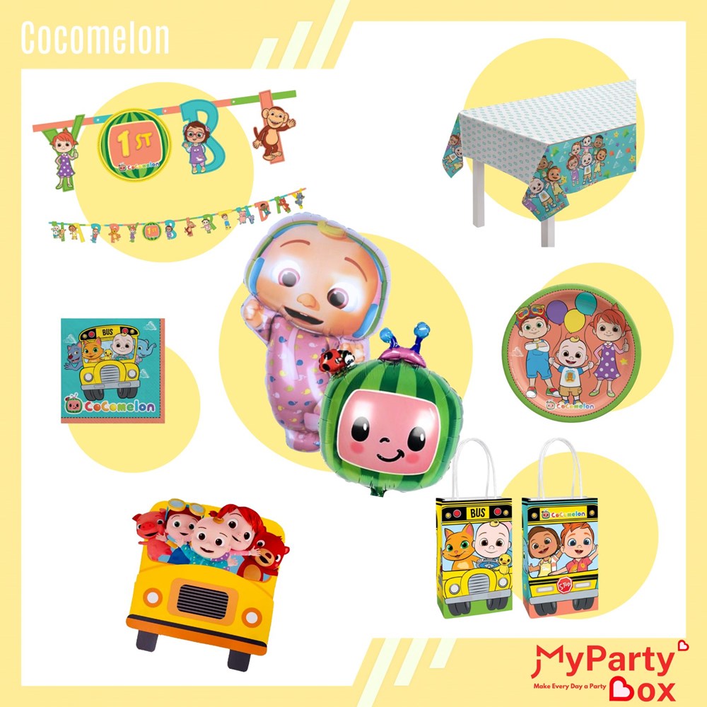 Cocomelon-themed party supplies including balloons, plates, and gift bags.