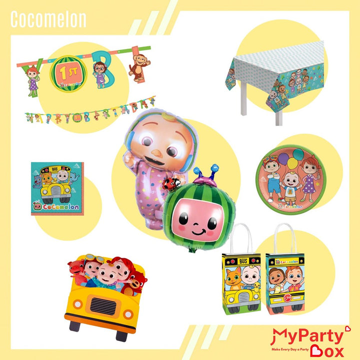 Cocomelon-themed party supplies including balloons, plates, and gift bags.