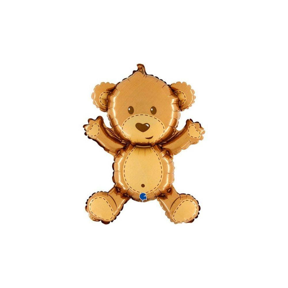 A brown teddy bear shaped foil balloon with a heart-shaped nose and stitched details.