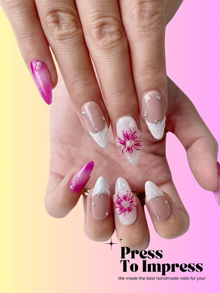 Fuchsia Hibiscus 3D Handmade Almond Press-on Nails