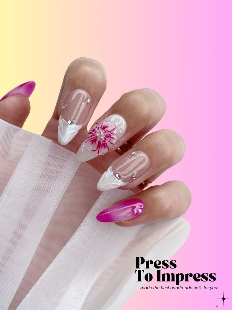 Fuchsia Hibiscus 3D Handmade Almond Press-on Nails