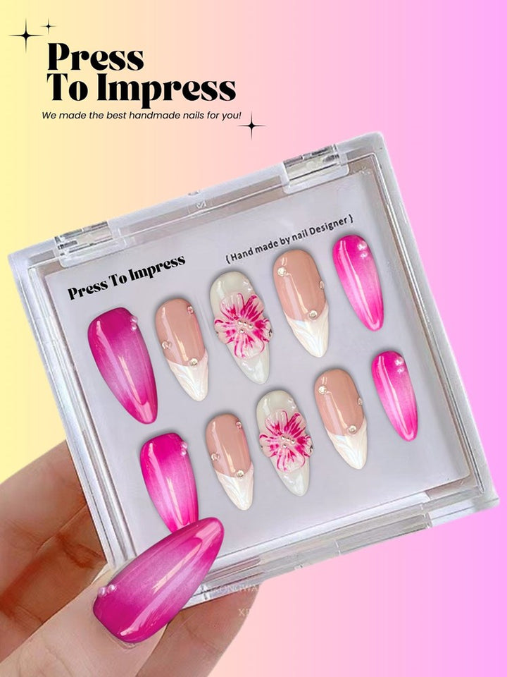 Fuchsia Hibiscus 3D Handmade Almond Press-on Nails