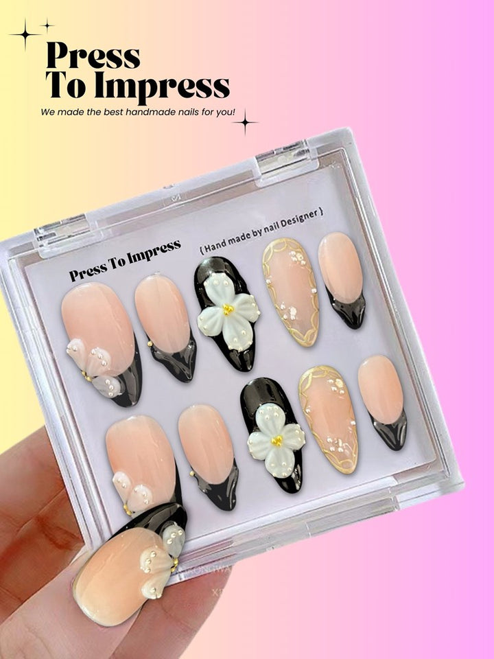 Black & White Floral 3D Almond Handmade Press on Nails