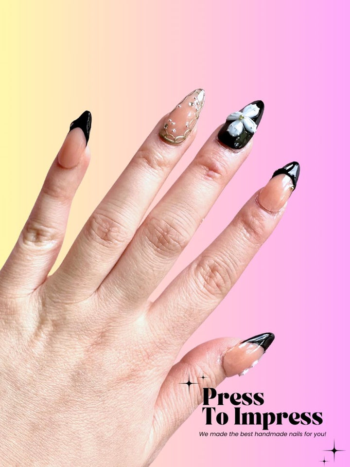 Black & White Floral 3D Almond Handmade Press on Nails