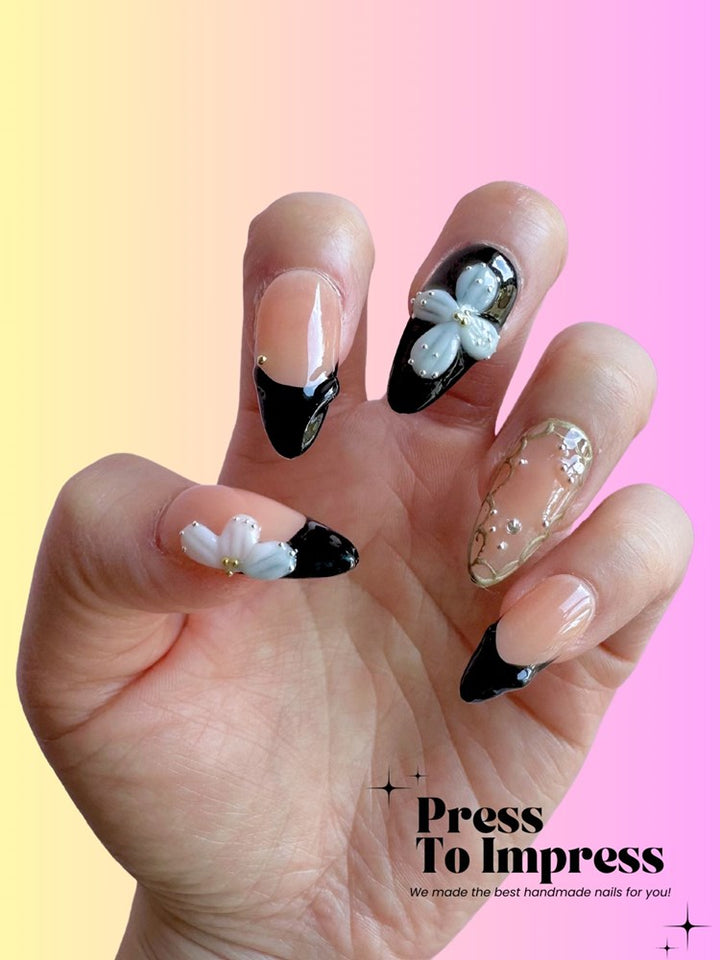 Black & White Floral 3D Almond Handmade Press on Nails