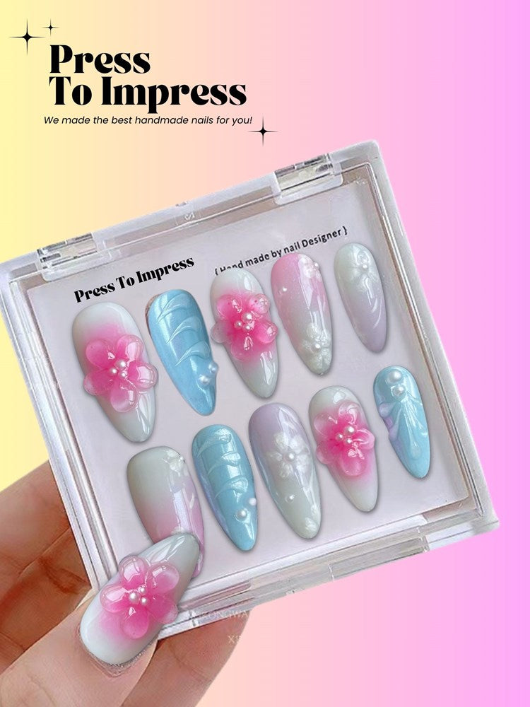 Blue Ocean Bloom 3D Almond Handmade Press On Nails