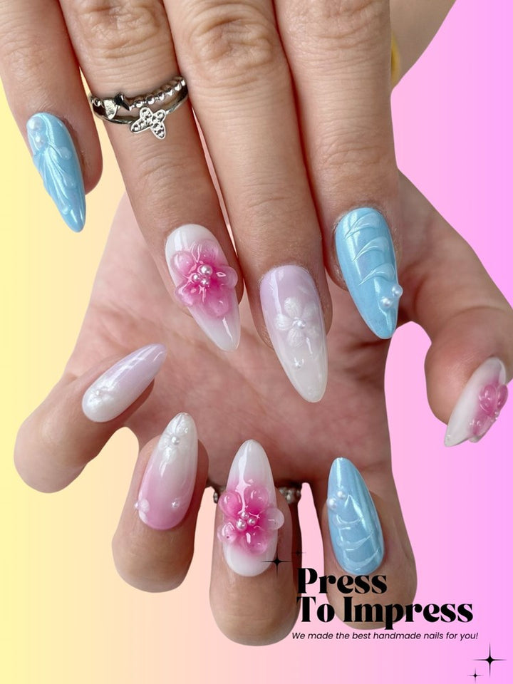 Blue Ocean Bloom 3D Almond Handmade Press On Nails