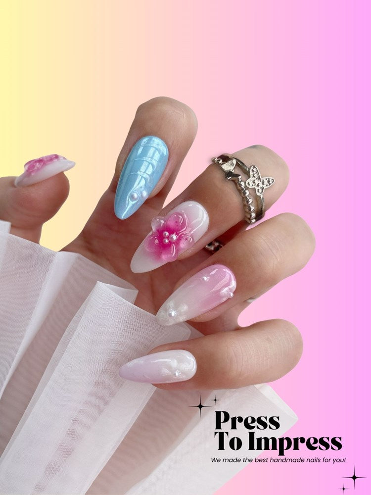 Blue Ocean Bloom 3D Almond Handmade Press On Nails