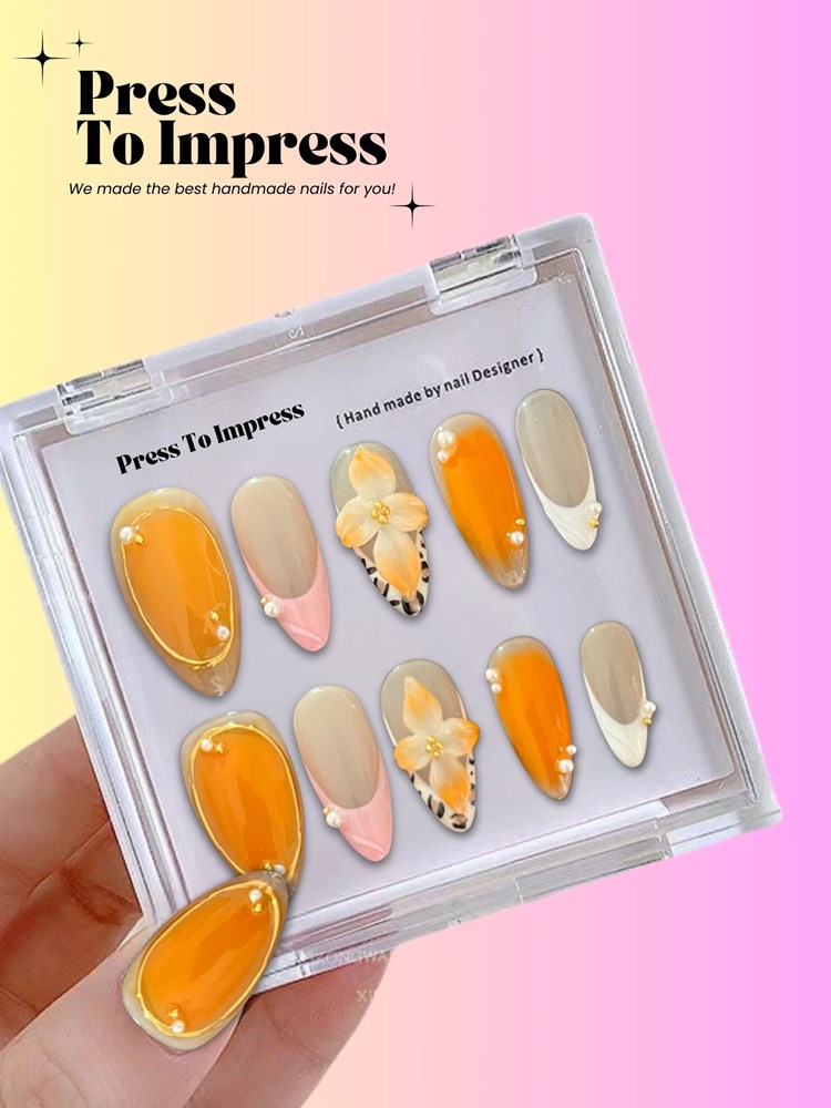 Orange Floral 3D  Handmade Press on Nails