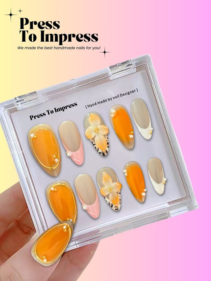 Orange Floral 3D  Handmade Press on Nails