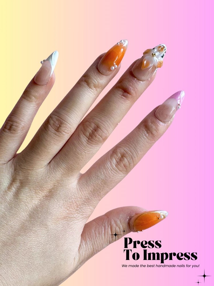 Orange Floral 3D  Handmade Press on Nails