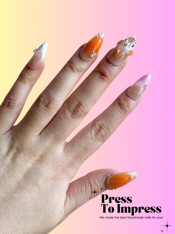 Orange Floral 3D  Handmade Press on Nails