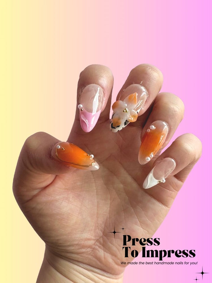 Orange Floral 3D  Handmade Press on Nails