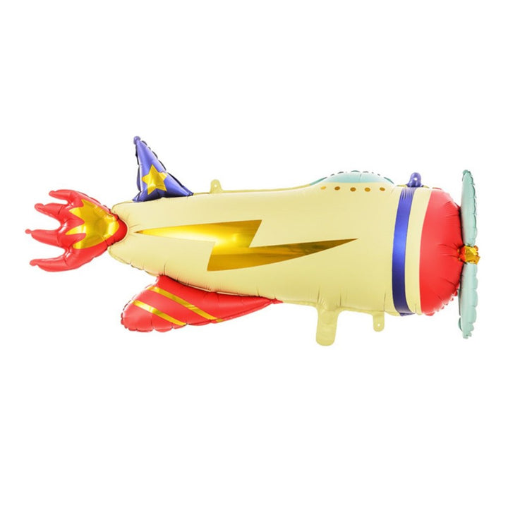 Colorful toy airplane with red wings and yellow body on a white background