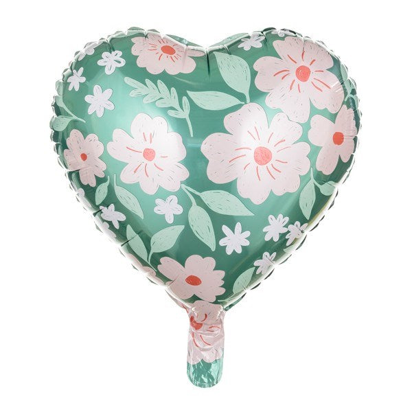 Heart-shaped balloon with floral pattern on a white background