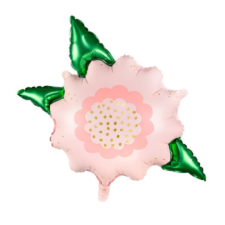 Pink flower-shaped balloon with green leaves on a white background